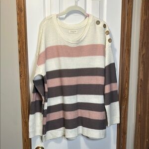 White and Pink Crew Neck Sweater with Relaxed Fit NWOT